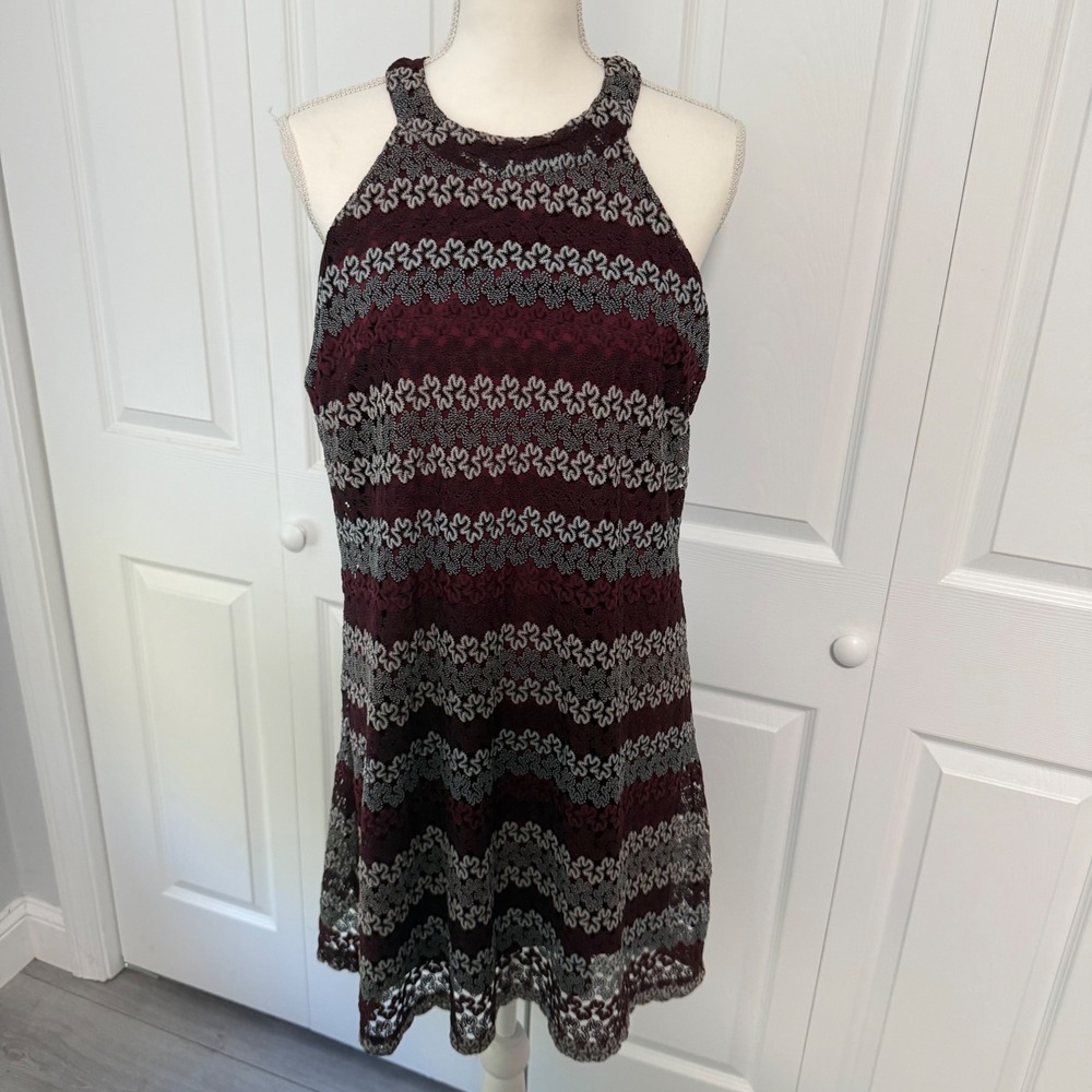 Candies Womens XL Burgundy Grey Crochet Lace Halter Neck Keyhole Mini Dress